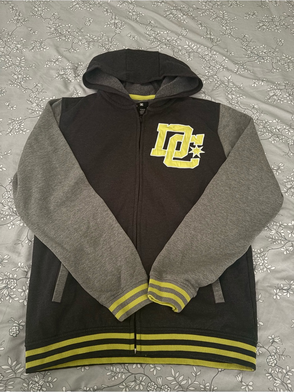 DC Black and Gray Hooded Bomber Jacket with Yellow Accents